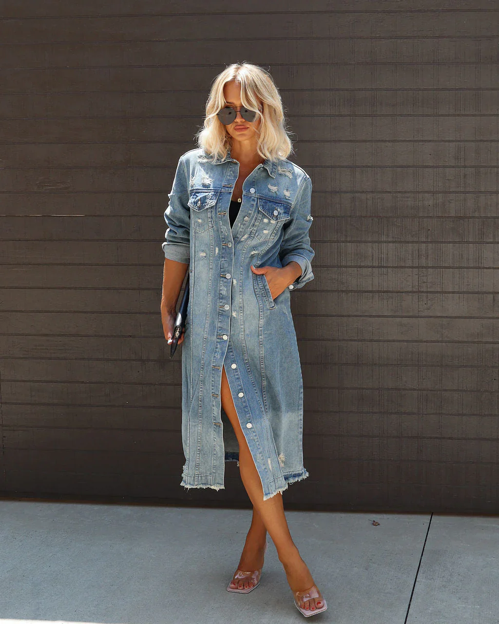 Nattie Distressed Long Denim Jacket
