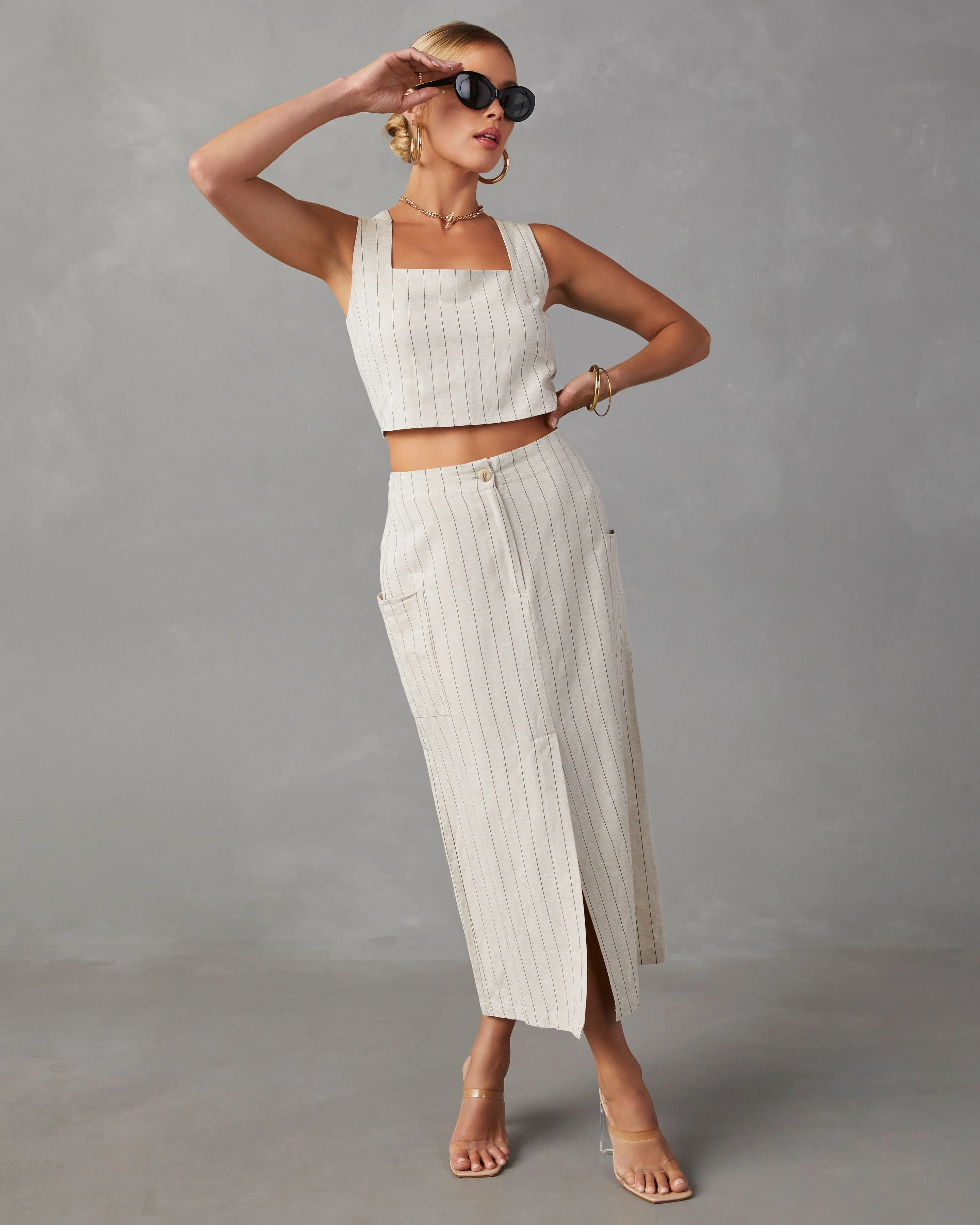 Karlowe Linen Striped Midi Skirt