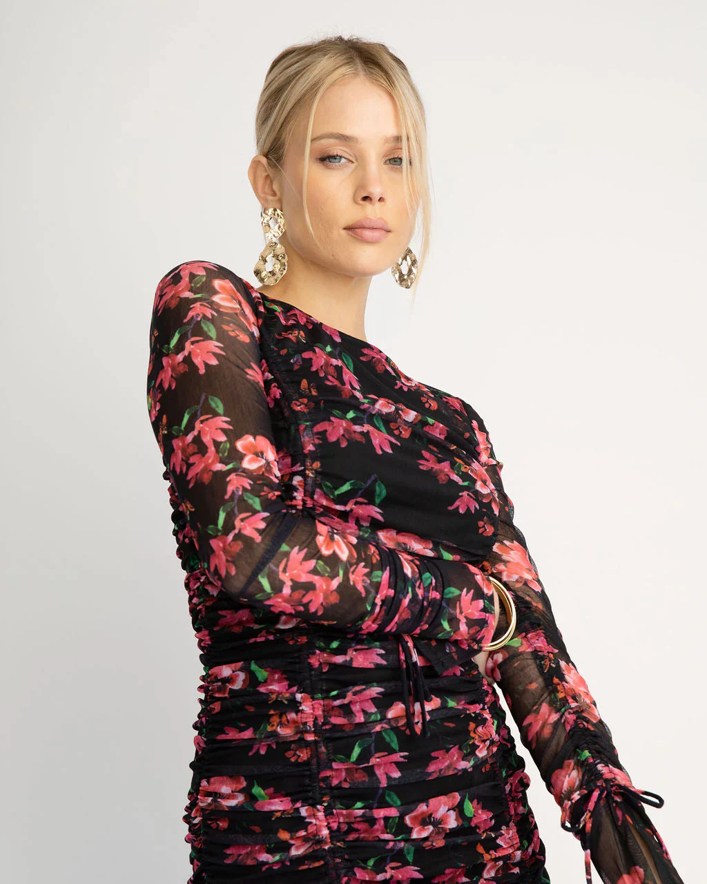 Soul Sister Ruched Floral Mesh Midi Dress