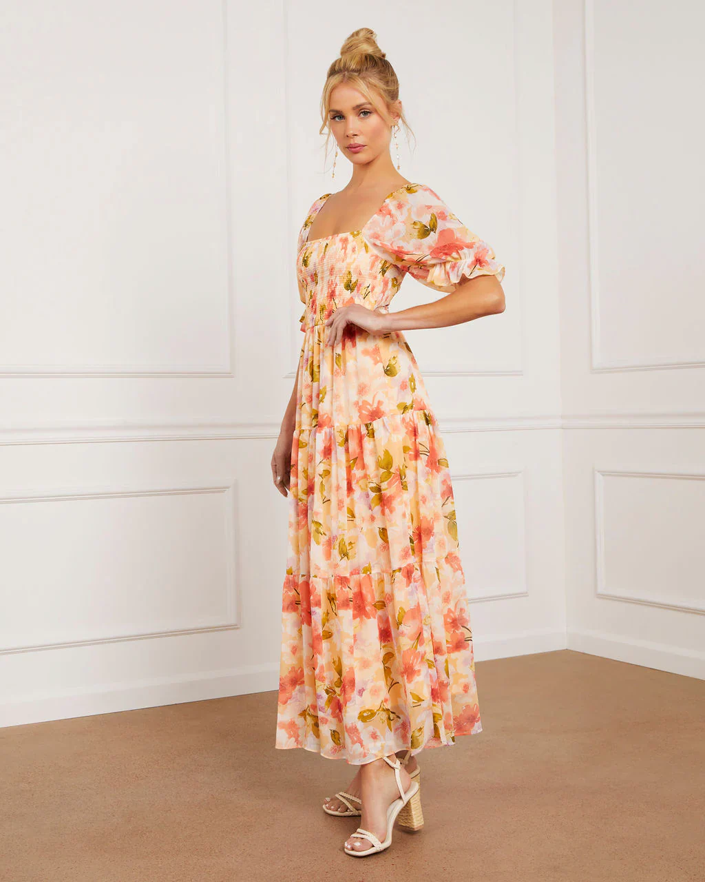 Floral Fantasy Skies Smocked Tiered Puff Sleeve Maxi Dress