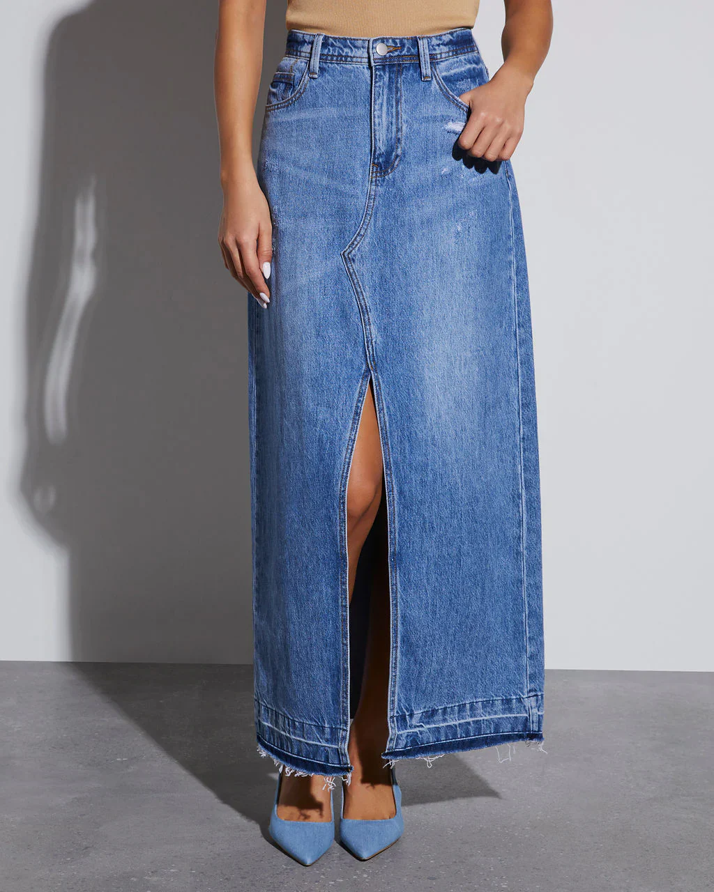 Jenna Distressed Denim Maxi Skirt